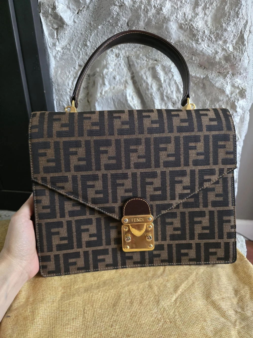 Fendi Vintage Zucca FF Canvas Leather Top Handle Push Lock Flap Bag